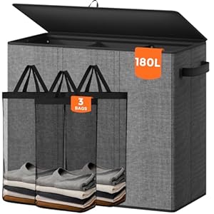 180L Laundry Hamper 3 Section, Large Laundry Hamper with Lid, Dirty Clothes Hampers with Handles, Laundry Basket Organizer for Laundry, Bedroom, Bathroom, Laundry Sorter Baskets, Grey