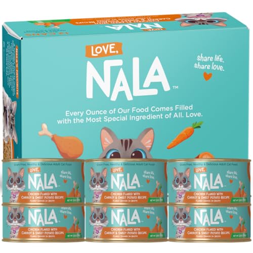 Image of LOVE, NALA - Natural Adult Cat Wet Food - FLAKED Chicken with Carrot & Sweet Potato in Broth - Grain Free, Non-GMO, Lean Protein, Digestive Fiber Blend, Added Minerals & Vitamins - 12 Pack, 2.4 lbs.