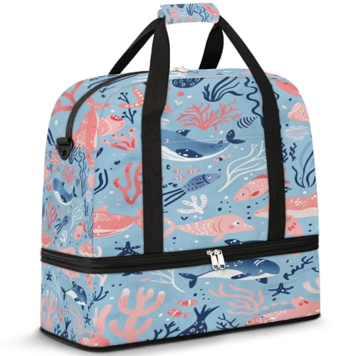 Travel Duffel Bag with Shoe Compartment, Tropical Sea Creatures Shoulder Weekender Bags for Women, Foldable Waterproof Travel Bag Carry on Bag