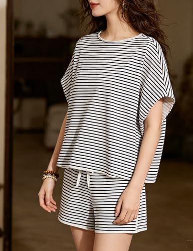 Image of Bozanly Womens Loungewear Set Short Sleeve Top and Shorts Oversized 2 Piece Outfits Solid Color /Striped Matching Pajama Sets