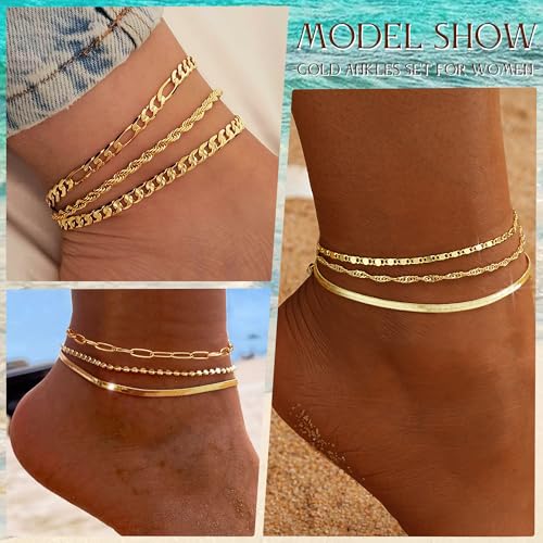 Luxurious 14k Gold Plated Cuban Link Anklet Set for Women - Adjustable, Waterproof Layered Bracelets - Beach Gifts & Everyday Elegance - Image 2