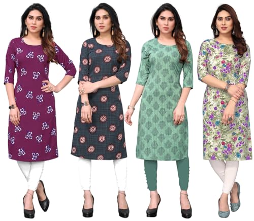 Image of JAKHANA Women's Crepe Printed Casual Straight Calf Length Round Nick Kurta Pack of 4