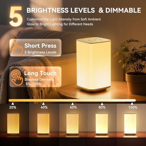 Auxmir Nachttischlampe Touch Dimmbar, 4000mAh Akku LED Lampe, Holzmaserung – Bild 3