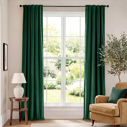 Image of Blackout Emerald Green Velvet Curtains 42x96 Inch 2 Panels | Soft Velvet, For Bedroom & Living Space, Light Shifting Texture, Elegant Drape, Classic, Rod Pocket