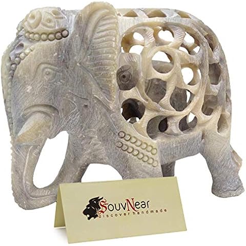 Shalinindia - Stone Elephant Statue - Elephant Decor - Impossible Stone Art Sculpture - 5 Inch Handmade Soapstone Figurine of Mother Elephant with Baby Inside Cover