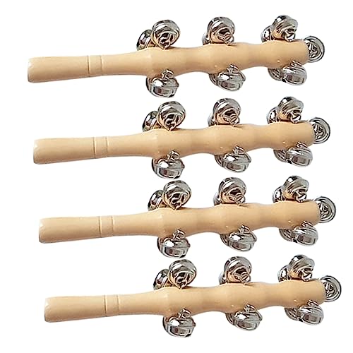 QUMIIRITY 4個 木製原色ラトル 休日のジングルベル クリスマスの手そりの鐘 クリスマスのジングルベルのおもちゃ 楽器ガラガラおもちゃ ハンドベル ベビーガラガラのおもちゃ ハンドジングルベル