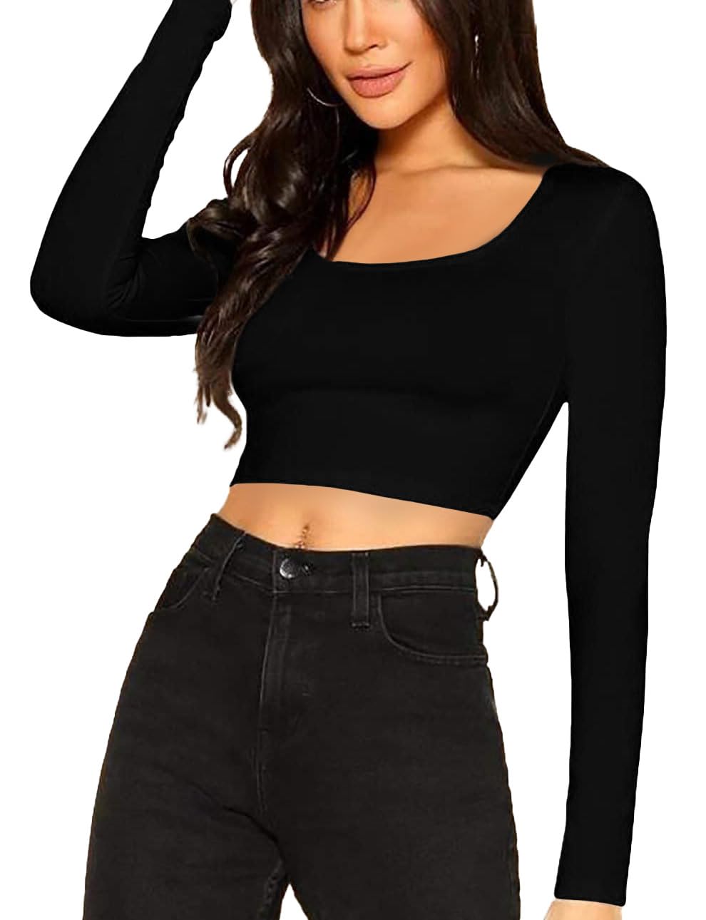 Women's Comfy Cotton Full Sleeves Tops Scoop Neck Crop Top Women-image-48