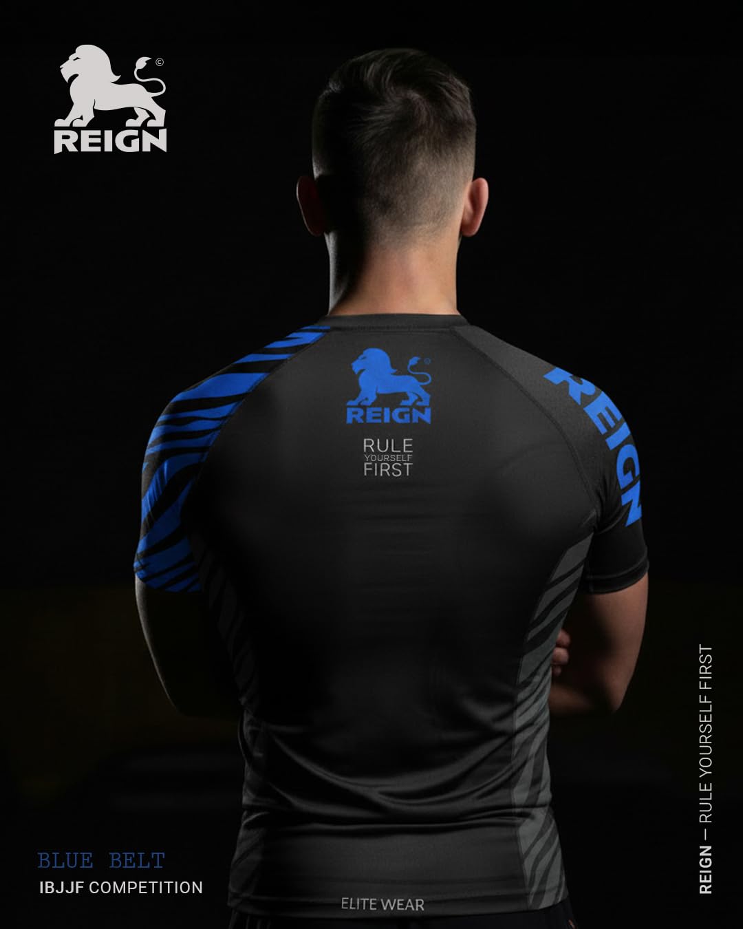 REIGN Tshirt Compression MMA BJJ Homme Ceinture Bleu