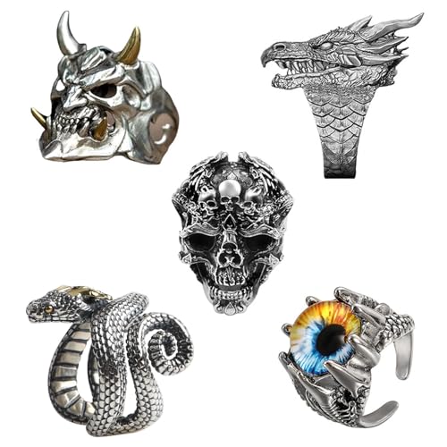 QingWing 5 Pezzi Vintage Punk Bagues Ensemble pour Hommes Femmes, Bague Acier Inoxydable En Crâne Doigt, Réglables Bague Homme Gothique formes Animales,...