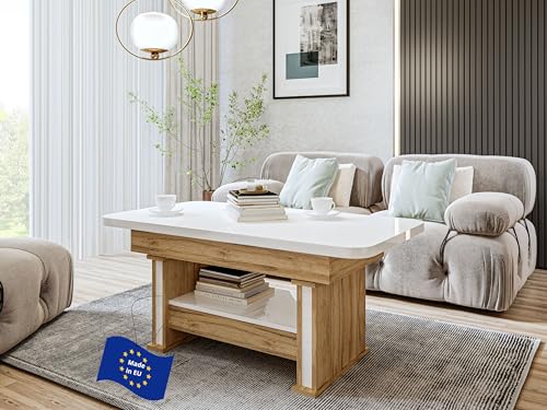 DA-555 Couchtisch Weiß Hochglanz / Eiche Gold ausziehbar höhenverstellbar mit Schublade 120/200 cm modern Wohnzimmertisch Esstisch abgerundete Ecken Sofatisch platzsparend hochwertig Wohnzimmer