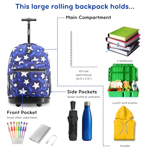 Image of J World Sunrise Kids Rolling Backpack with Wheels for Girls Boys, Roller Bookbag for School, 18 x 13 x 9 Inches, Puffy Star