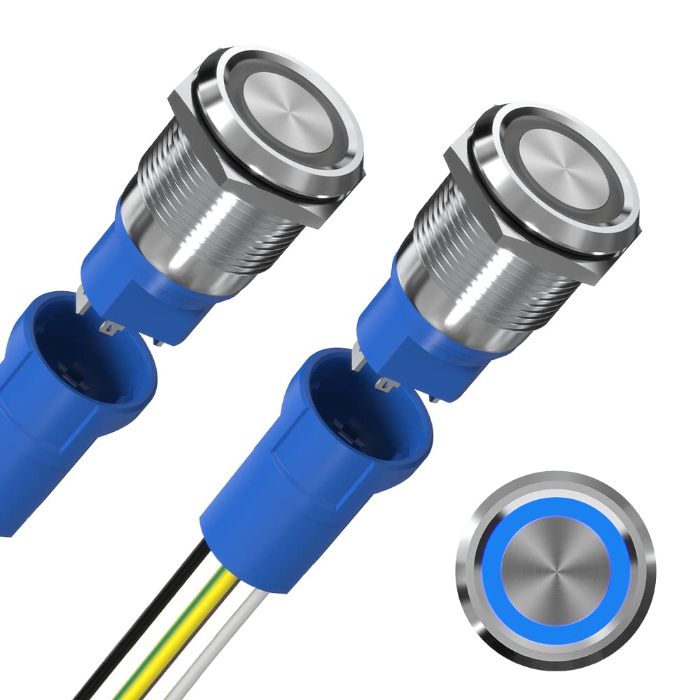 Photo 1 of WERKI 22mm Latching Push Button Switch, 10 Amps Single-Pole Dual-Throw Switch 1NO1NC, 12V Self-Locking Stainless Steel Shell IP67 Waterproof for 7/8"Mounting Hole 2-Pack(Blue LED Indicator) 10 Amps SS 2-Pack Blue