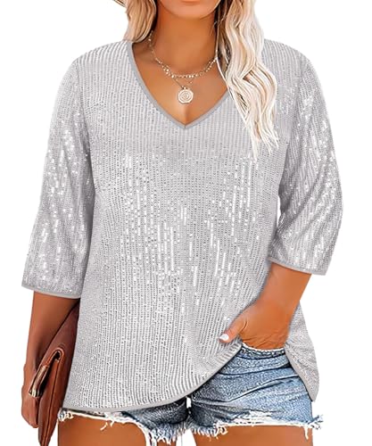TIYOMI Plus Size Sequin Tops for Women 3/4 Sleeve Party Tunics XL-5XL