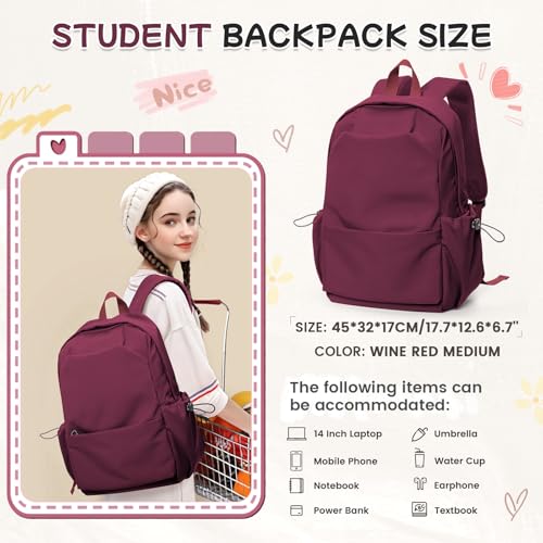 HYC00 Schulrucksack Teenager Mädchen Schultasche,Schulranzen Rucksack Mädchen Teenager Schule College-Rucksack Damen Backpack Casual Daypack Laptop Rucksack 14 zoll Damen Tagesrucksack,Weinrot