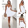 ECOWISH Womens V-Neck Spaghetti Strap Bowknot Backless Sleeveless Lace Mini Swing Skater Dress White Small