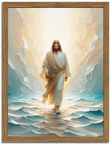 Jesus Walking On Water Wall Art, Framed 3D Textured Hand Drawn Sandstone Christian Wall Decor Painting Religious Savior Pictures for Living Prayer Room Bedroom 24x36 in Wood Framed
