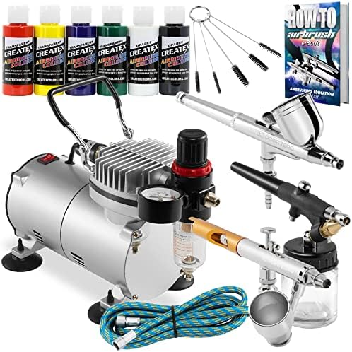 PointZero Multi-Purpose 3 Airbrush Kit w/Compressor and Createx Colors Set of 6 Paints