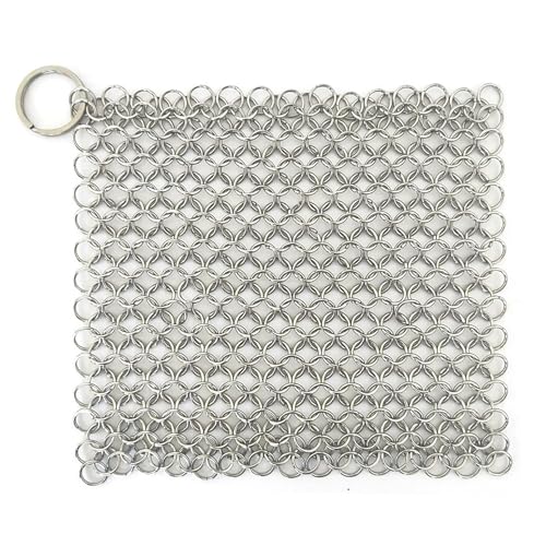 Image of Vila Cast Iron Scrubber, 7 Inches Diameter, Square 316 Premium Stainless Steel, Lightweight, Flexible Chainmail Scrubber, Cleans Cookware with No Scratches or Residue