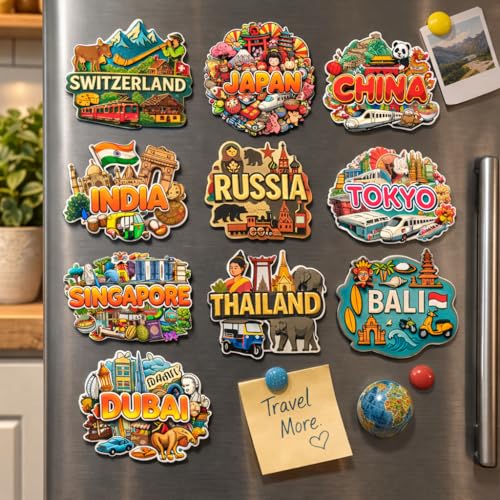 Image of Souvenir Fridge Magnet Pack of 10 | Collectible Countries Travel Magnets | High-Power Magnet for Refrigerator, Almirah & Office Decor (Country)