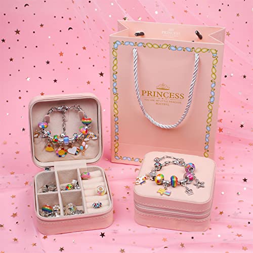 Charm Bracelet Making Kit, 66 PCS Jewelry Making Kit Supplies, with Storage Box, Gift Bag - for Girls DIY Handmade Craft, Christmas Gift Kit, Ages 5-12 (Rainbow)