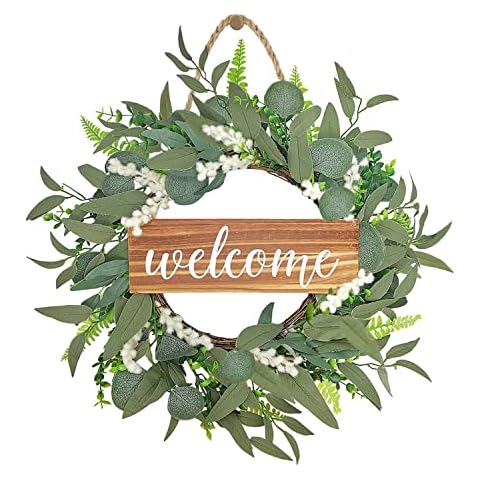 Pinkpum Welcome Sign for Front Door 20 Inch Eucalyptus Welcome Wreaths Outside Spring Front Porch Decor… Cover