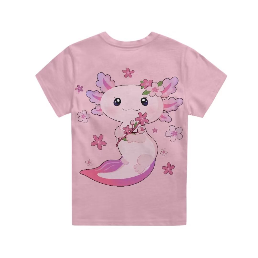 ORGYPET Axolotl Kids T Shits for Summer Pink Summer Blouses for 11-12 Short Sleeve Tee Shirts for Girls Crew Neck Blouses for Travel Breathable Kids Top for Sports Gift for Daughter