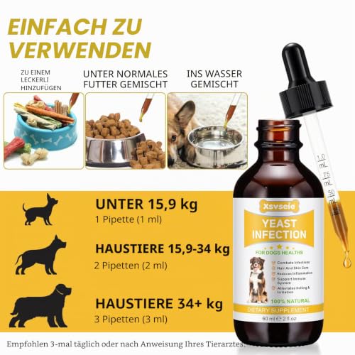 Natürliche Hefepilz-Behandlung für Hunde, Linderung Ohrenentzündungen & Juckender Haut - Stoppt Entzündungen,Hefepilzinfektion bei Hunden, Stärkt Immunsystem - 100% Pflanzlich mit Speckgeschmack 60mL