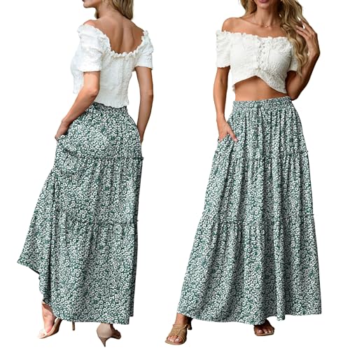 Image of Lepunuo Womens Casual Boho High Waisted Flowy Maxi Skirts Tiered Floral Long Skirts with Pockets for Summer Beach Vacation