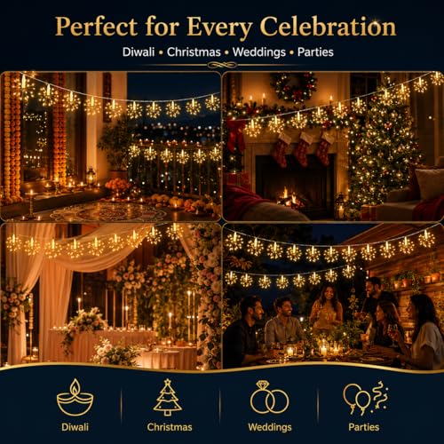 Image of One94Store 12 Starburst Sparkle LED String Lights, USB Powered Warm White Decorative Fairy Lights for Diwali, Christmas, Wedding, Party, Bedroom, Balcony, Patio & Home Decor