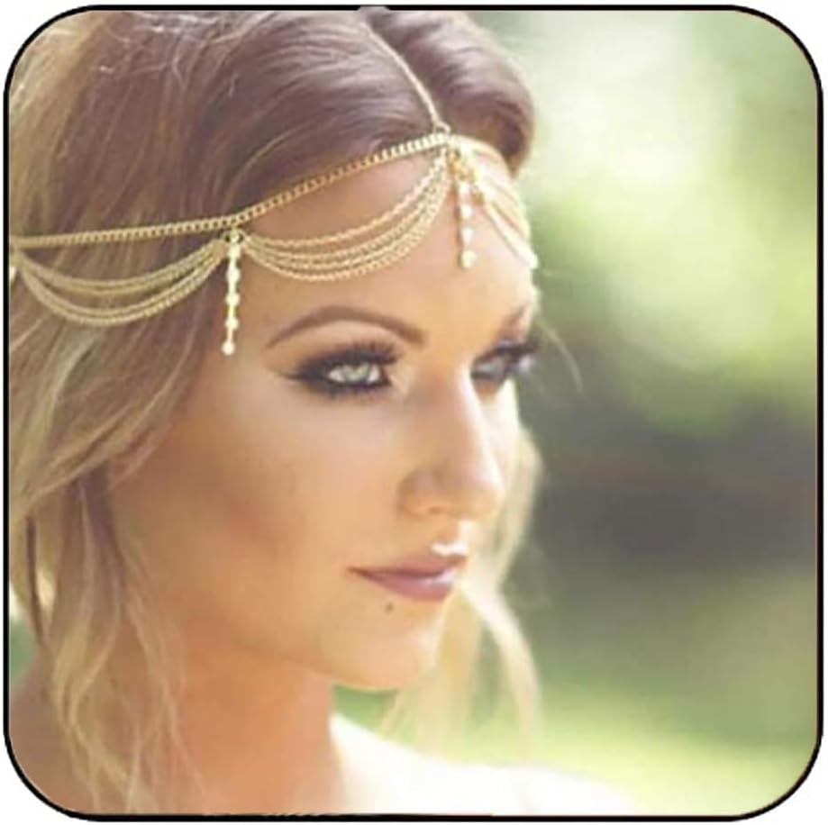 Catery Bride Wdedding Headbands Jewelry Tassels Vintage Bridal Hair Chain Boho Headpiece Head Chain Spring Summer Christmas Head Chain Gold Hair Jewelry for Women and Girls