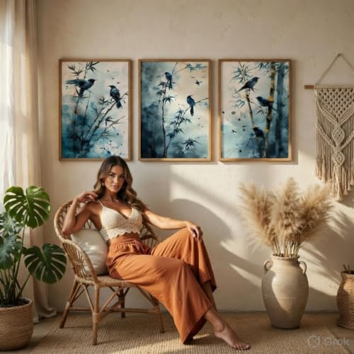 Image of Artify Bird Bamboo Wall Painting Set of 3 with Wooden Frames | Modern Nature Bird Artwork HD Sparkle Laminated MDF Wall Decor | Elegant Bamboo Bird Wall Art for Living Room