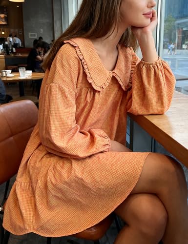 Image of Ynhonra Women's Gingham Mini Dress 3 /4 Puff Sleeve Babydoll Doll Collar