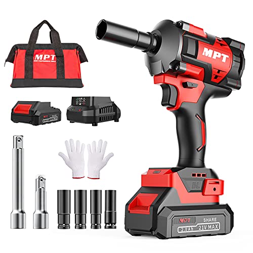 MPT Cordless Impact Wrench, 1/2 Inch Brushless Power Impact Gun Max Torque 280 Ft-lb (380N.m) With 2pcs 2.0Ah Li-ion Batteries & 1 Hour Fast Charger,Power Impact wrench