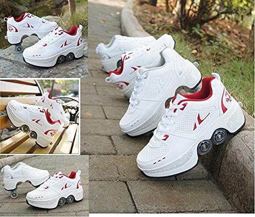 Image of Roller Skates for Women /Girls, Retractable Kick Roller Shoes with Wheels for Men, Outdoor Quad Wheel Rink Skates Adjustable Deformation Sneakers for Adult /Boys