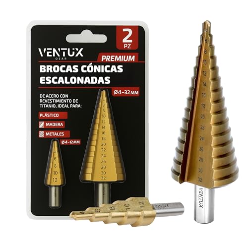 Juego de 2 Brocas Cónicas Escalonadas de Ø4-32mm y Ø4-12mm en Acero HSS4241 con Revestimiento de Titanio – Taladro para Madera, Plástico y Metal - Dureza HRC61-63