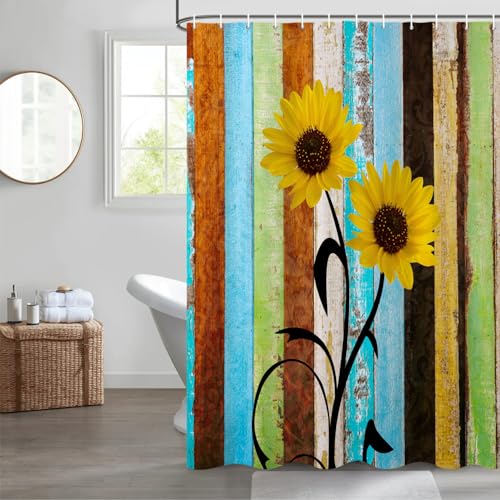 MIRRORANG 105x160cm Rustic Sunflower Shower Curtain Teal Wooden Board Farmhouse Country Shower Curtain for Bathroom Waterproof Polyester Fabric Set including Hooks - Image 3