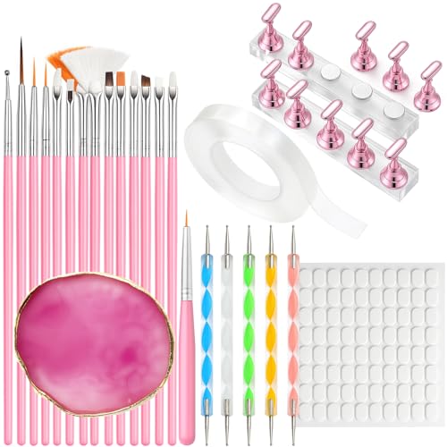 Nail Art Tools Set 15pcs Pink Nail Art Brushes 5pcs Dual-Ended Dotting Pens 10 Nail Stands with 2 Bases Nail Art Palette Double-Sided Tape & Adhesive Tabs for DIY Nail Design