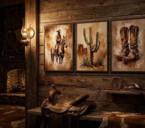 Image of Vintage Western Cowboy Canvas Wall Art Aesthetic Cactus Cowboy boots Painting Picture Wall Decor Retro Southwestern Desert Poster Print Artwork for Farmhouse Living Room Home Decoration 16x24in
