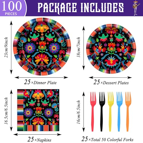 Image of 100PCS Mexican Fiesta Party Plates and Napkins Party Supplies Mayo Mexico Mexican Tableware Dinnerware Set Decorations for Dia De Los Muertos Day of The Dead Dance Pinata Colorful Ponchos Serves 25
