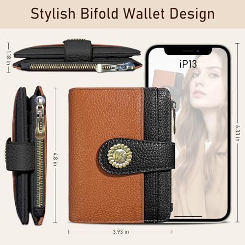 Image of Kelvoris Small Rfid Women Wallet Bifold Zipper Coin Pocket Brown and Black | PU Leather Compact Cash Credit Card Holder Travel Purse for Female Ladies Teen Girls 1 ID Window 10 Card Slots