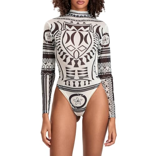 FeMereina Body de manga larga para mujer, con estampado de tótem, cuello alto falso, parte inferior de triángulo, overol ajustado a la moda salv, marrón, XL