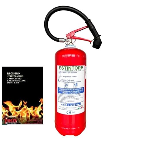 Estintore a Schiuma Lt 6 + Registro Antincendio Omologato e Certificato, Fornito di Staffa + Cartello e Tagliando di Controllo (La Scadenza del Tagliando Non è la Scadenza dell’Estintore)
