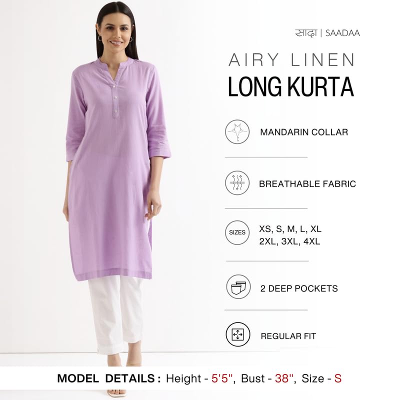 Image of SAADAA Women's Linen Straight Fit Straight Long Kurta Airy Plain Kurta, 3 /4 Sleeve, Knee Length Kurtis with Pockets, Casual and Office Wear