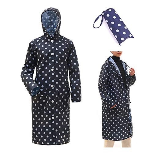 Rain Coat,Waterproof Raincoat,Portable Rain Poncho Women Polka Dot with Pockets (Navy)