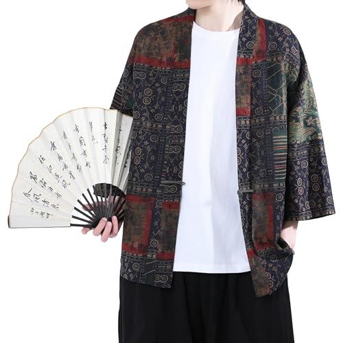 PRIJOUHE Men's Cotton Linen Kimono Jacket Lightweight Open Front Kimono Cardigan Japanese 3/4 Sleeve Yukata Coat4