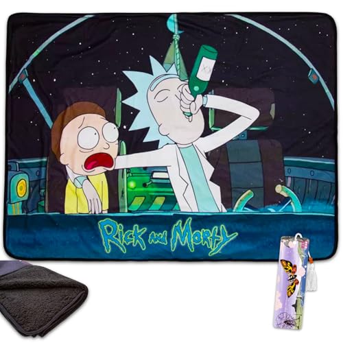 Rick and Morty Blanket Set - Bundle with Soft Fleece Blanket Plus Bookmark for Kids Adults Children | Cozy Rick and Morty Fleece Blanket 45 x 60