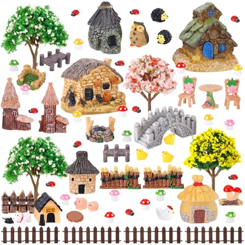 60 PCS Mini Fairy Garden Accessories Kit Enchanted Miniature House Decor Set with Tiny Figurines, DIY Micro Landscape Ornaments for Terrarium, Dollhouse Succulent Craft