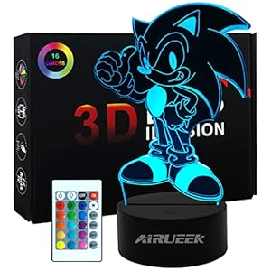 Lampada Sonic Hedgehog 3D Luce Notturna Bambini-16 Variazioni Di Colore/1 Telecomando/1 Base Nera/-Decorazione Camera Regali Creativi Anime Gadget Per Bambino Ragazzo Uomo Sonic Fans (Sonic Stand)