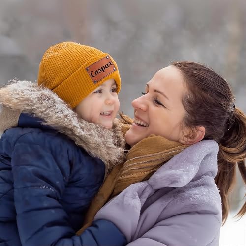 Personalized Toddler Baby Beanie with Name, Custom Leather Patch Toddler Winter Hat Baby Boys Girls Knit Warm Beanies Kids2