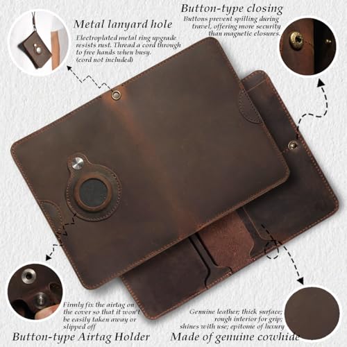Genuine Leather Passport Holder with AirTag Slot | Bifold Wallet for 2 Passports, Cards | Travel Essentials for Men & Women(5.9'' x 4.13'')4
